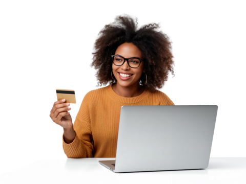 Contented woman making online transactions with credit card and computer on transparent background