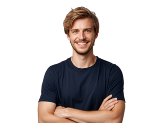Confident young man with folded arms and a bright smile standing against emptiness