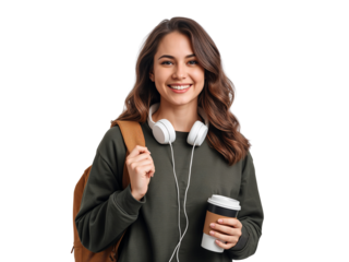 Cheerful student ready for class, radiating positivity on transparent background