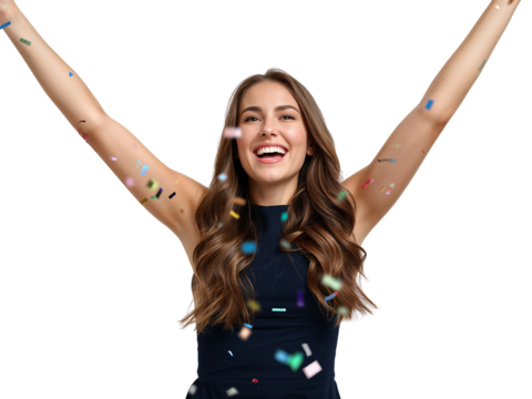 Cheerful woman celebrates with confetti on an isolated transparent background expressing joy and