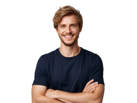 Confident young man with folded arms and a bright smile standing against emptiness - Powered by Adobe