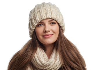 Portrait of a warmly dressed woman in winter attire against transparent backdrop showcasing