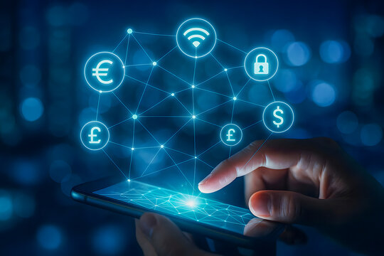 Mobile banking and global currency exchange with secure wireless technology concept - Powered by Adobe