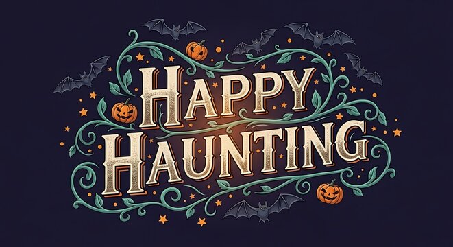 Happy haunting text with pumpkins bats stars and vines on a dark blue halloween background design - Powered by Adobe