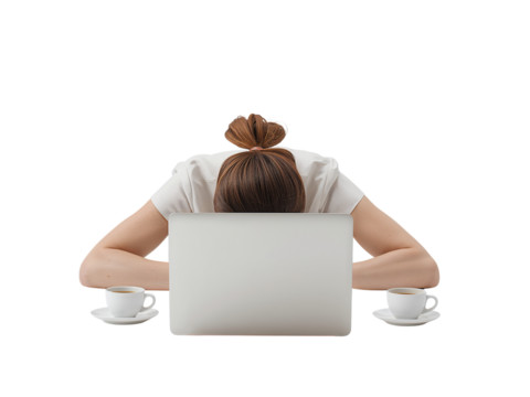 Woman overwhelmed, resting head on laptop with cups of coffee on transparent background