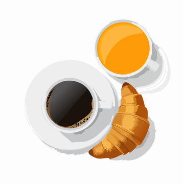 Une tasse de caf&eacute;, un croissant et un verre de jus d'orange, vue du dessus, fond blanc