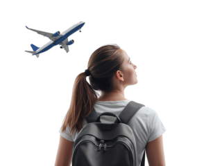 Dreaming of Distant Shores Young Woman Gazing at Airplane on Isolated Transparent Vista