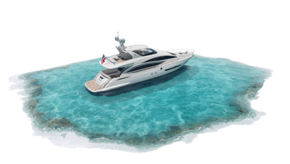 Luxurious private yacht on turquoise sea isolated floating on transparent view showcasing coastal