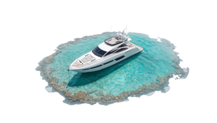 Luxurious yacht sailing in crystal clear turquoise water with isolated transparent background