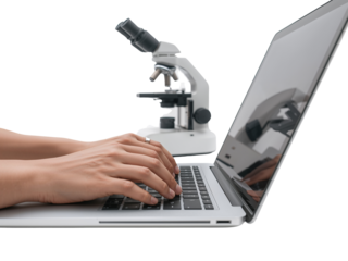 Researcher typing scientific findings on laptop with laboratory microscope on transparent background