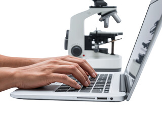 Hands typing on laptop with microscope on isolated transparent display, modern research tool usage