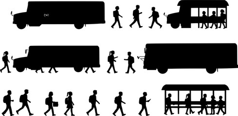 Obraz premium Silhouette of children crossing the street between two school buses at a bus stop on a white background | editable eps vectors