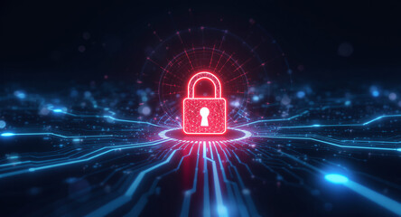 Data protection technology concept: A glowing red padlock serves as a focal point within a dynamic digital landscape of blue illuminated circuit pathways and nodes, representing secure network connect