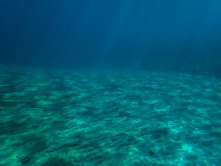 Light filtering down through blue water. Underwater sunlight in deep sea. Light viewed from blue abyss. Underwater sunlight shining deep with ripples on wave surface ocean ray, Under water background.
