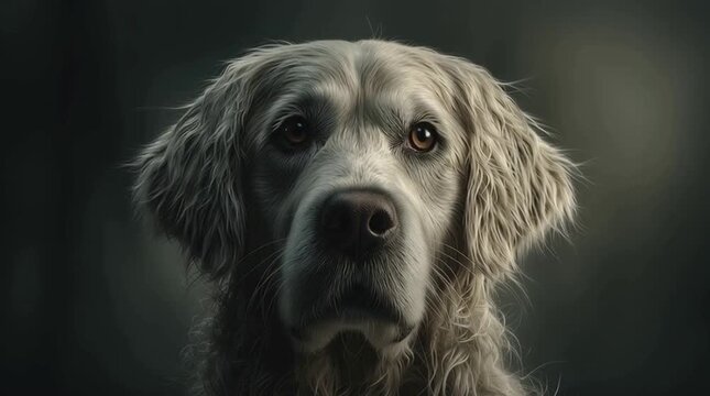 A golden retriever headshot with sad expression and gentle motion, ideal for emotional looping and storytelling use.