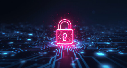 Data protection technology concept: A glowing red padlock serves as a focal point within a dynamic digital landscape of blue illuminated circuit pathways and nodes, representing secure network connect