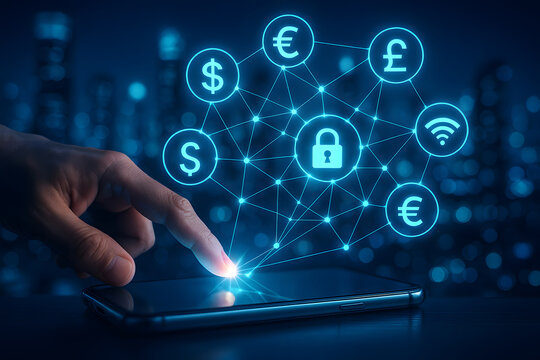 Secure digital payments and global finance network on mobile device with hand