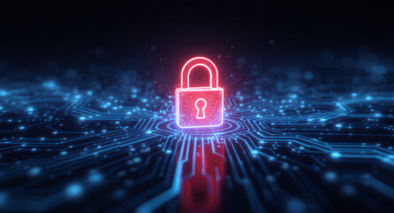 Data protection technology concept: A glowing red padlock serves as a focal point within a dynamic digital landscape of blue illuminated circuit pathways and nodes, representing secure network connect