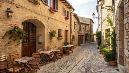 Obraz premium Alleyway in a rustic European village, lined with stone buildings.