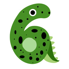 Cute number six designed as a green dinosaur with black spots, cartoon eye, and tail—perfect for kids’ learning and educational materials.