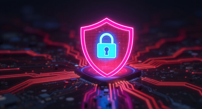 Digital firewall visualization: A brightly glowing shield, with a pink outline and a blue padlock icon inside, acts as a central hub on a complex motherboard. Glowing red data lines flow towards it. 