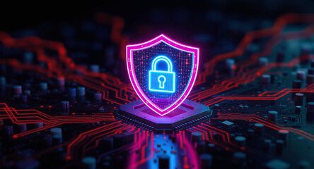 Digital firewall visualization: A brightly glowing shield, with a pink outline and a blue padlock icon inside, acts as a central hub on a complex motherboard. Glowing red data lines flow towards it. 