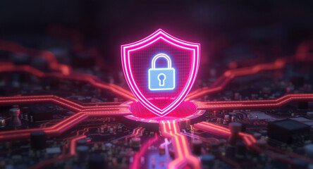 Digital firewall visualization: A brightly glowing shield, with a pink outline and a blue padlock icon inside, acts as a central hub on a complex motherboard. Glowing red data lines flow towards it. 