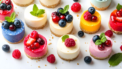 Colorful assorted mini cheesecakes with berries and mint leaves on a white surface