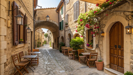 Fototapeta premium Alleyway in a rustic European village, lined with stone buildings.