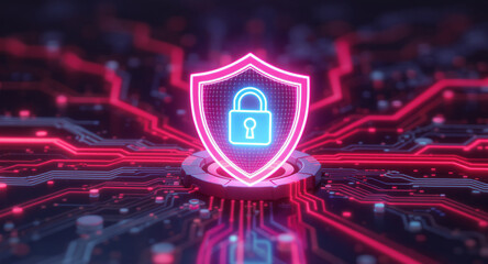Digital firewall visualization: A brightly glowing shield, with a pink outline and a blue padlock icon inside, acts as a central hub on a complex motherboard. Glowing red data lines flow towards it. 