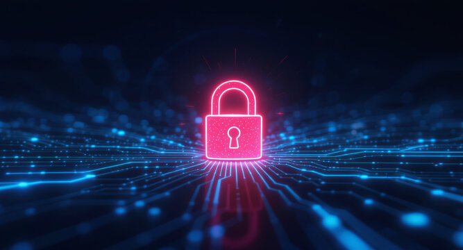 Data protection technology concept: A glowing red padlock serves as a focal point within a dynamic digital landscape of blue illuminated circuit pathways and nodes, representing secure network connect