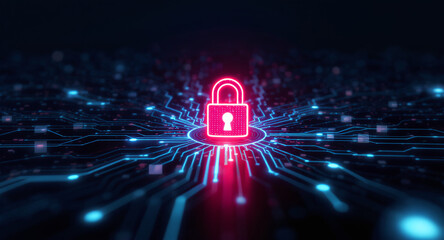 Data protection technology concept: A glowing red padlock serves as a focal point within a dynamic digital landscape of blue illuminated circuit pathways and nodes, representing secure network connect