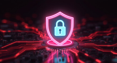 Digital firewall visualization: A brightly glowing shield, with a pink outline and a blue padlock icon inside, acts as a central hub on a complex motherboard. Glowing red data lines flow towards it. 