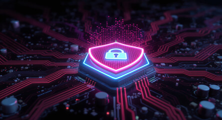 Digital firewall visualization: A brightly glowing shield, with a pink outline and a blue padlock icon inside, acts as a central hub on a complex motherboard. Glowing red data lines flow towards it. 