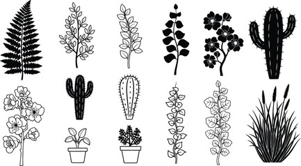 A collection of black and white plant illustrations including fern, cactus, and flowering branches
