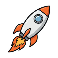 Obraz premium Colorful cartoon rocket with flames and porthole in space-inspired design. Vector illustration