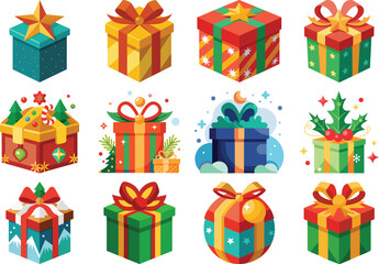 Festive Christmas Gift Boxes Collection with Ribbons and Bows for Holiday Season on white background