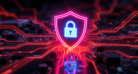 Digital firewall visualization: A brightly glowing shield, with a pink outline and a blue padlock icon inside, acts as a central hub on a complex motherboard. Glowing red data lines flow towards it. 