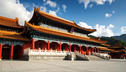 Asian temple grandeur under blue sky