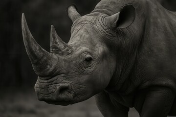 Fototapeta premium A rhinoceros stands in stark contrast against a dark backdrop, its horns reaching out into the shadows