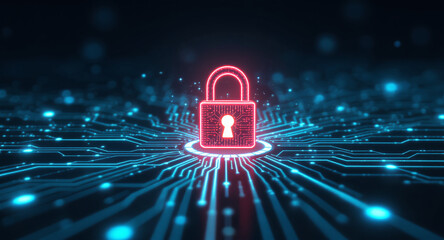 Data protection technology concept: A glowing red padlock serves as a focal point within a dynamic digital landscape of blue illuminated circuit pathways and nodes, representing secure network connect