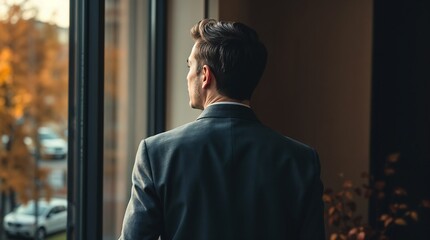 Back view portrait of successful businessman standing by window and looking outside with his hands in pockets, copy space