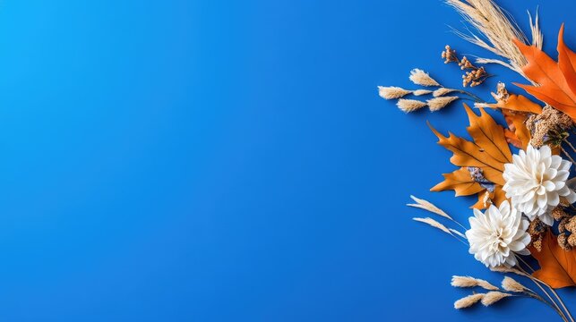Autumnal Floral Arrangement on Vibrant Blue Background - Powered by Adobe