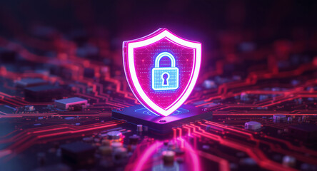 Digital firewall visualization: A brightly glowing shield, with a pink outline and a blue padlock icon inside, acts as a central hub on a complex motherboard. Glowing red data lines flow towards it. 