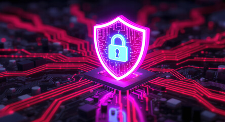 Digital firewall visualization: A brightly glowing shield, with a pink outline and a blue padlock icon inside, acts as a central hub on a complex motherboard. Glowing red data lines flow towards it. 