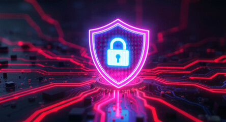 Digital firewall visualization: A brightly glowing shield, with a pink outline and a blue padlock icon inside, acts as a central hub on a complex motherboard. Glowing red data lines flow towards it. 