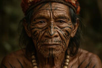 An elderly indigenous man adorned with traditional tribal markings stands against a blurred backdrop, embodying the spirit of his ancestors