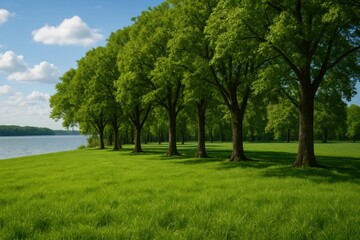 Obraz premium A Line of Lush Trees by a Serene Lake