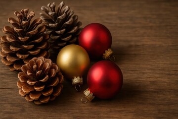 red baubles, golden ornaments, and pine cones on a wooden canvas