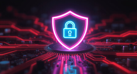 Digital firewall visualization: A brightly glowing shield, with a pink outline and a blue padlock icon inside, acts as a central hub on a complex motherboard. Glowing red data lines flow towards it. 